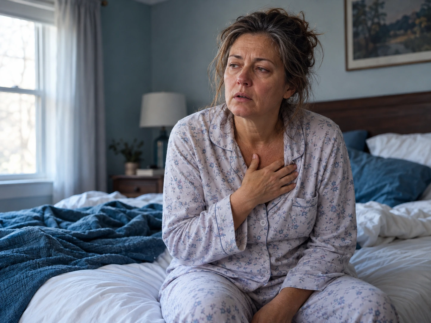 Woman sitting on the edge of her bed in the morning, tired and stuffed up