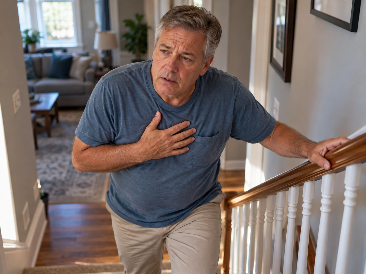 Man pausing on the stairs at home with a hand on his chest