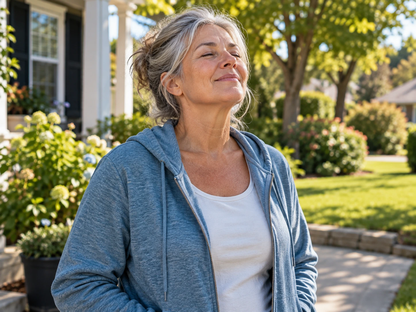 Woman taking a deep breath outdoors on a sunny morning