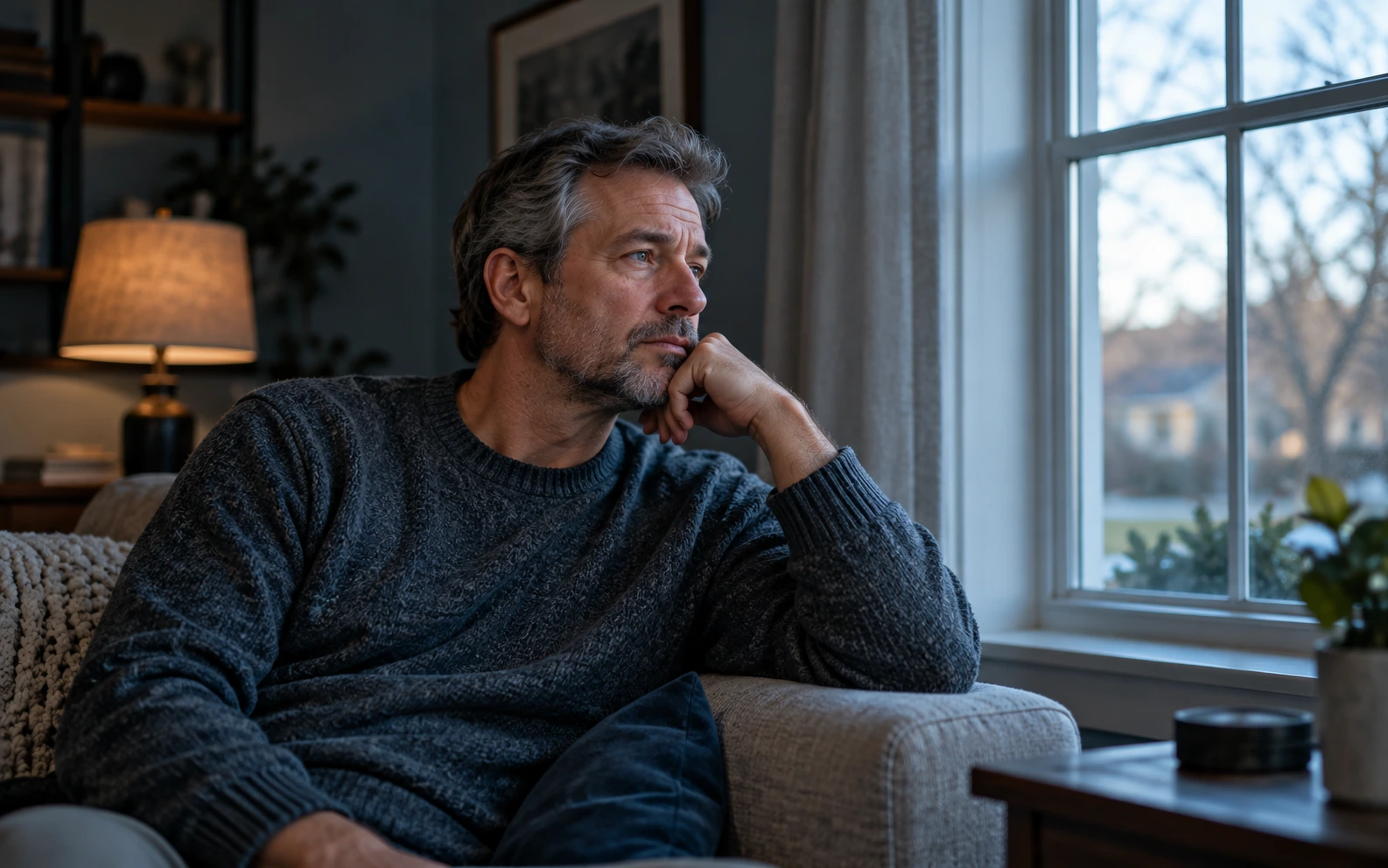 Man sitting alone by a window, quiet and reflective